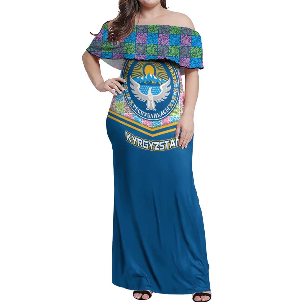 Kyrgyzstan Colorful Patchwork Pattern Off Shoulder Maxi Dress with National Crest and Flag Accents