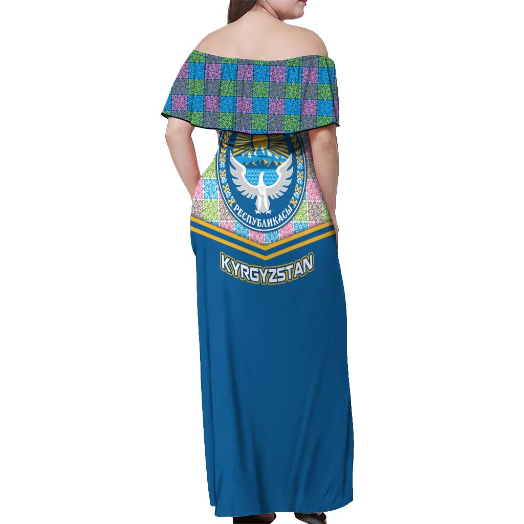 Kyrgyzstan Colorful Patchwork Pattern Off Shoulder Maxi Dress with National Crest and Flag Accents