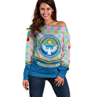 Kyrgyzstan Colorful Patchwork Pattern Off Shoulder Sweater with National Crest and Flag Accents