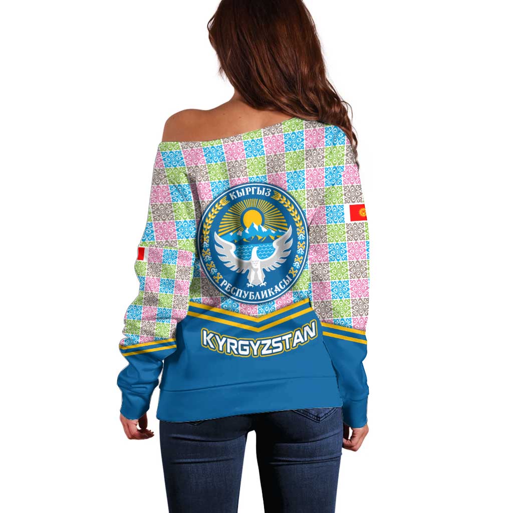 Kyrgyzstan Colorful Patchwork Pattern Off Shoulder Sweater with National Crest and Flag Accents