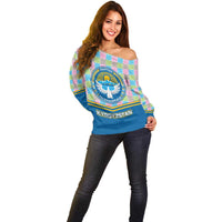 Kyrgyzstan Colorful Patchwork Pattern Off Shoulder Sweater with National Crest and Flag Accents