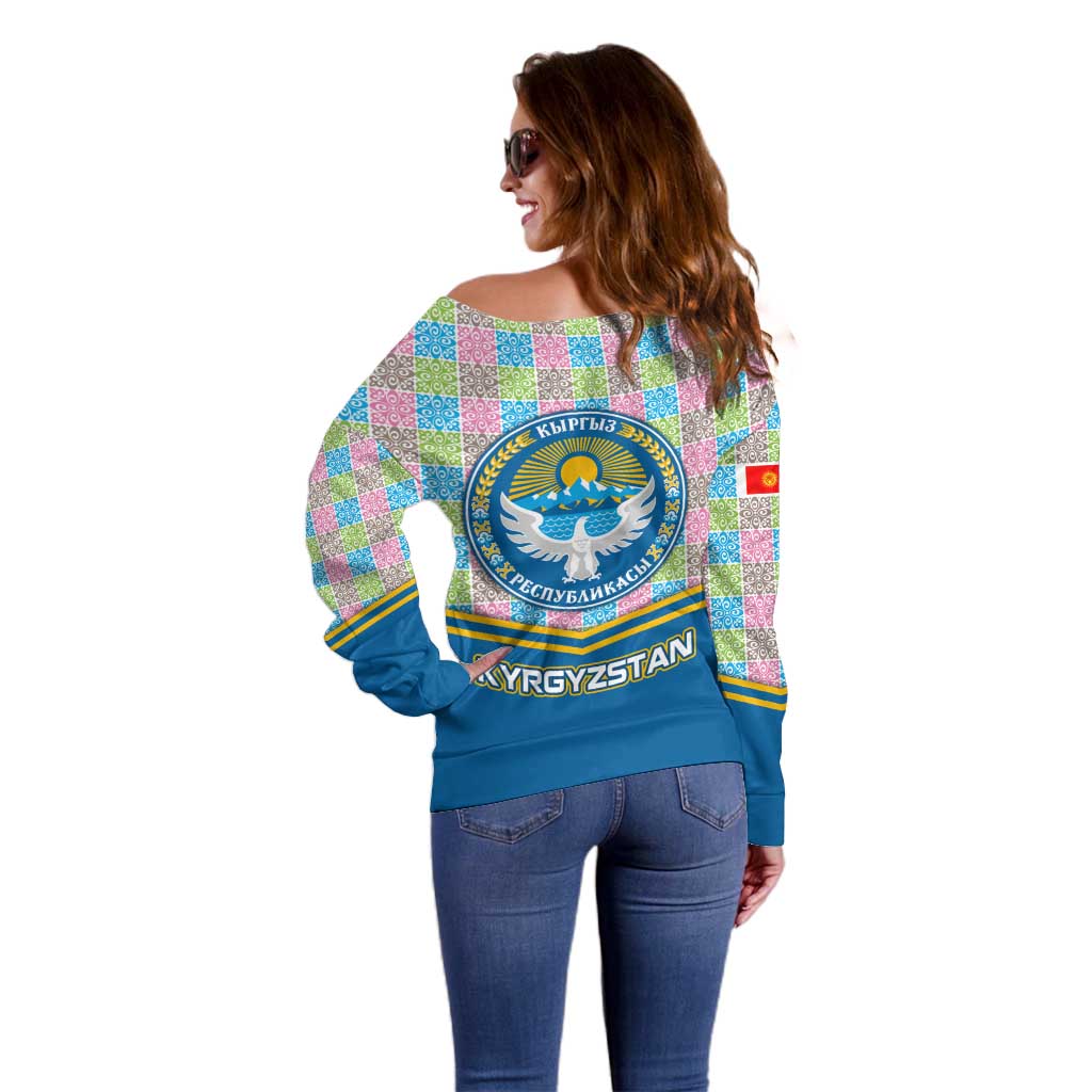 Kyrgyzstan Colorful Patchwork Pattern Off Shoulder Sweater with National Crest and Flag Accents