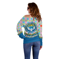 Kyrgyzstan Colorful Patchwork Pattern Off Shoulder Sweater with National Crest and Flag Accents