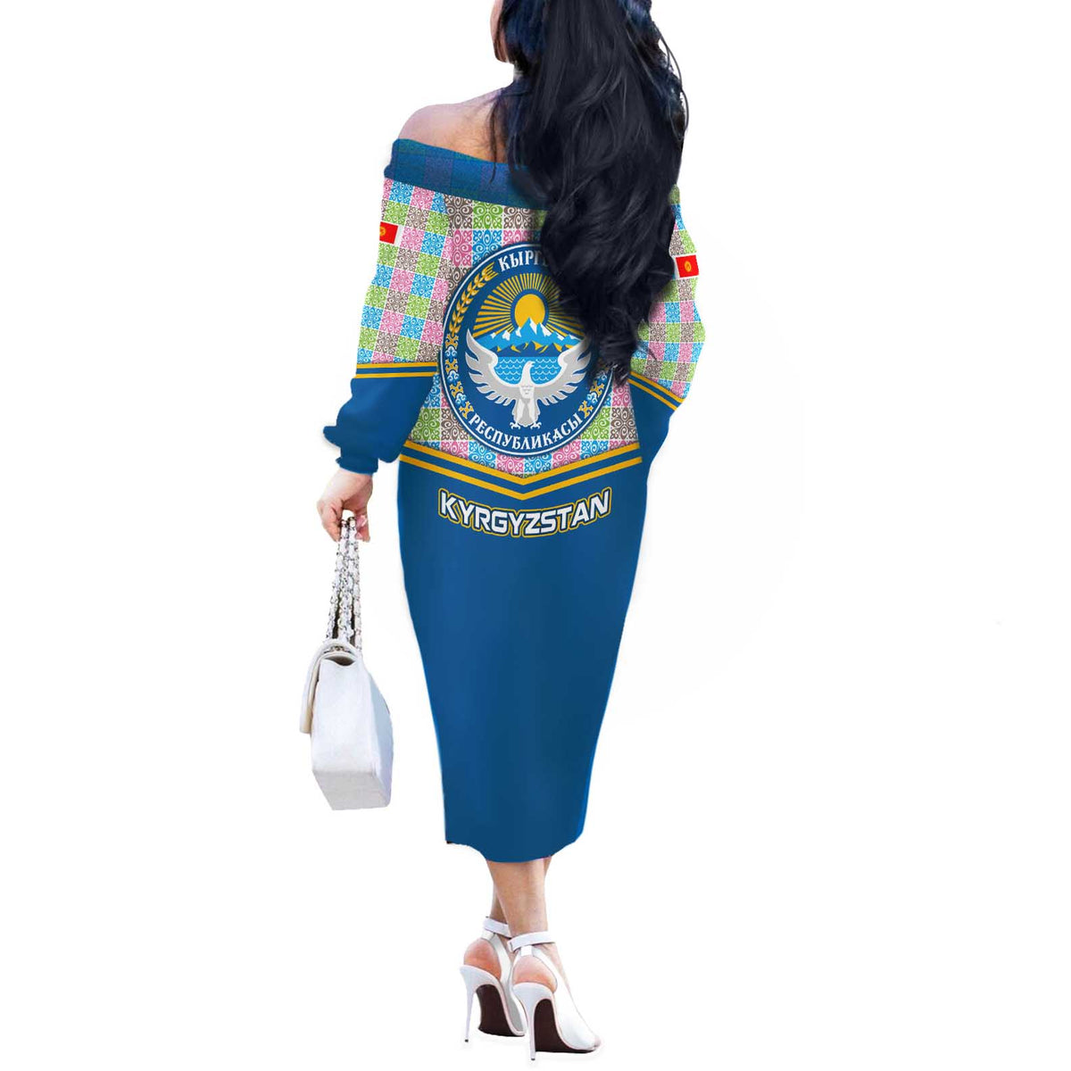 Kyrgyzstan Colorful Patchwork Pattern Off The Shoulder Long Sleeve Dress with National Crest and Flag Accents