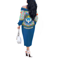 Kyrgyzstan Colorful Patchwork Pattern Off The Shoulder Long Sleeve Dress with National Crest and Flag Accents