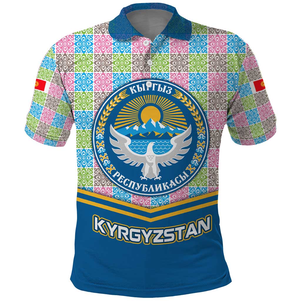 Kyrgyzstan Colorful Patchwork Pattern Polo Shirt with National Crest and Flag Accents