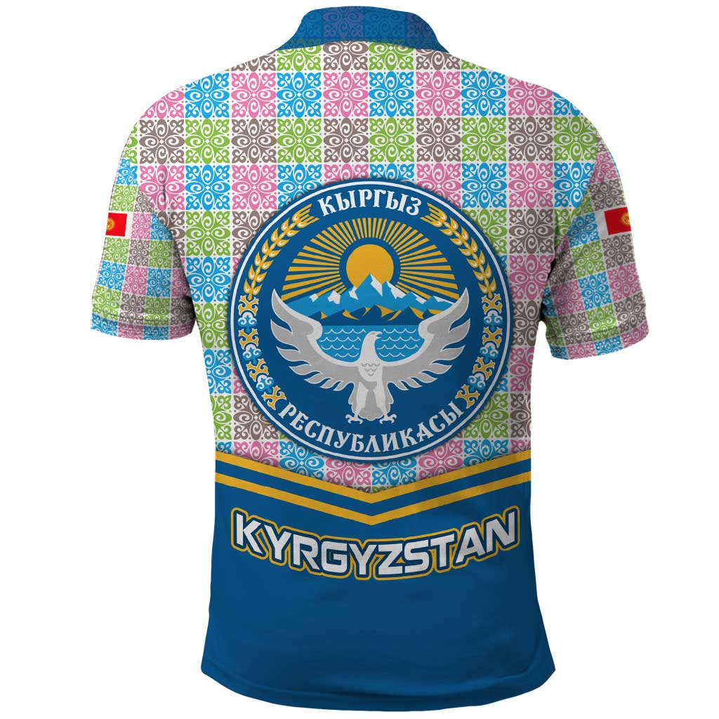 Kyrgyzstan Colorful Patchwork Pattern Polo Shirt with National Crest and Flag Accents