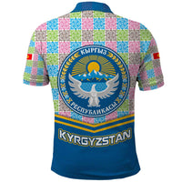 Kyrgyzstan Colorful Patchwork Pattern Polo Shirt with National Crest and Flag Accents