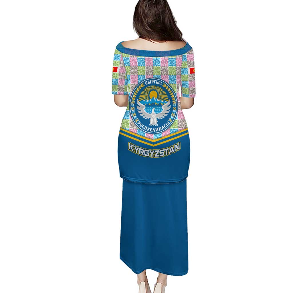 Kyrgyzstan Colorful Patchwork Pattern Puletasi with National Crest and Flag Accents