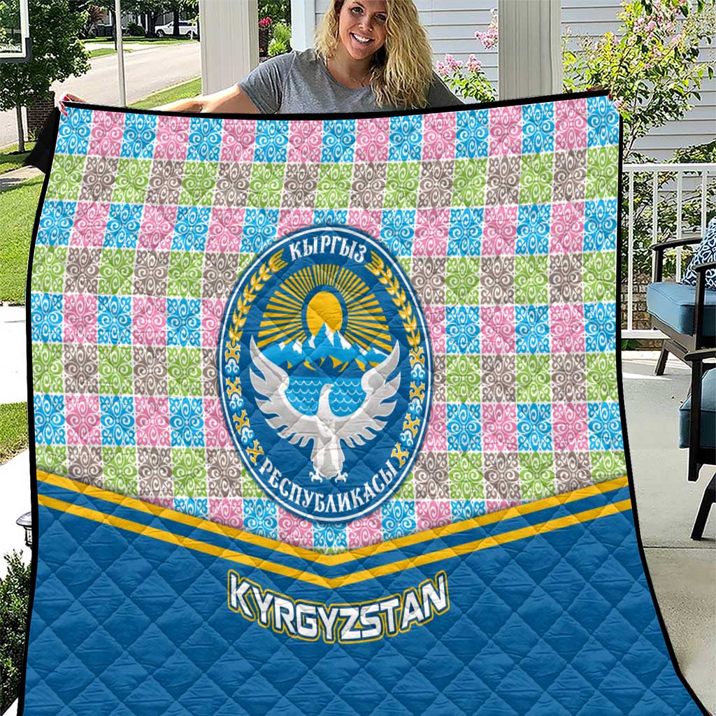 Kyrgyzstan Colorful Patchwork Pattern Quilt with National Crest and Flag Accents