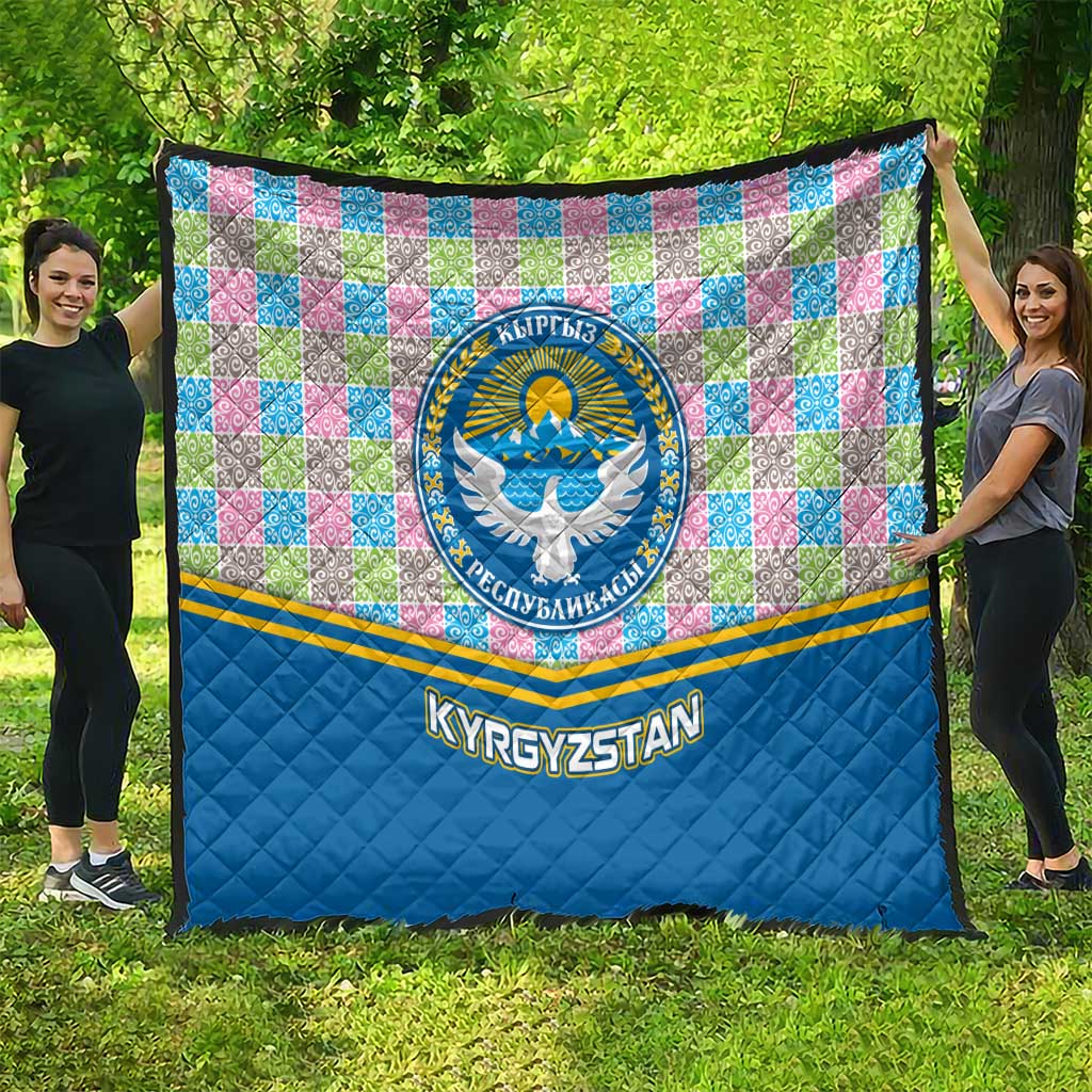 Kyrgyzstan Colorful Patchwork Pattern Quilt with National Crest and Flag Accents