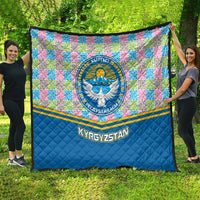 Kyrgyzstan Colorful Patchwork Pattern Quilt with National Crest and Flag Accents