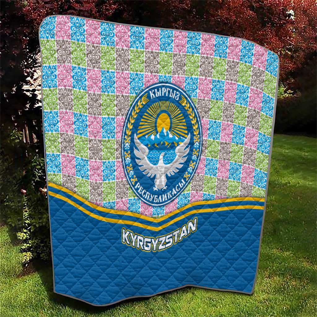 Kyrgyzstan Colorful Patchwork Pattern Quilt with National Crest and Flag Accents