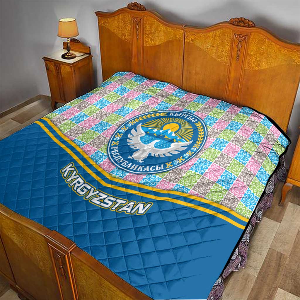 Kyrgyzstan Colorful Patchwork Pattern Quilt with National Crest and Flag Accents