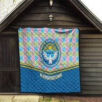Kyrgyzstan Colorful Patchwork Pattern Quilt with National Crest and Flag Accents
