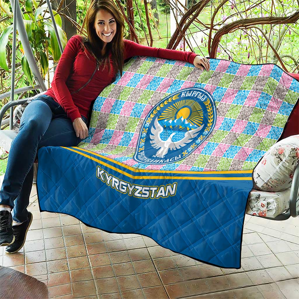 Kyrgyzstan Colorful Patchwork Pattern Quilt with National Crest and Flag Accents