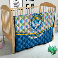 Kyrgyzstan Colorful Patchwork Pattern Quilt with National Crest and Flag Accents