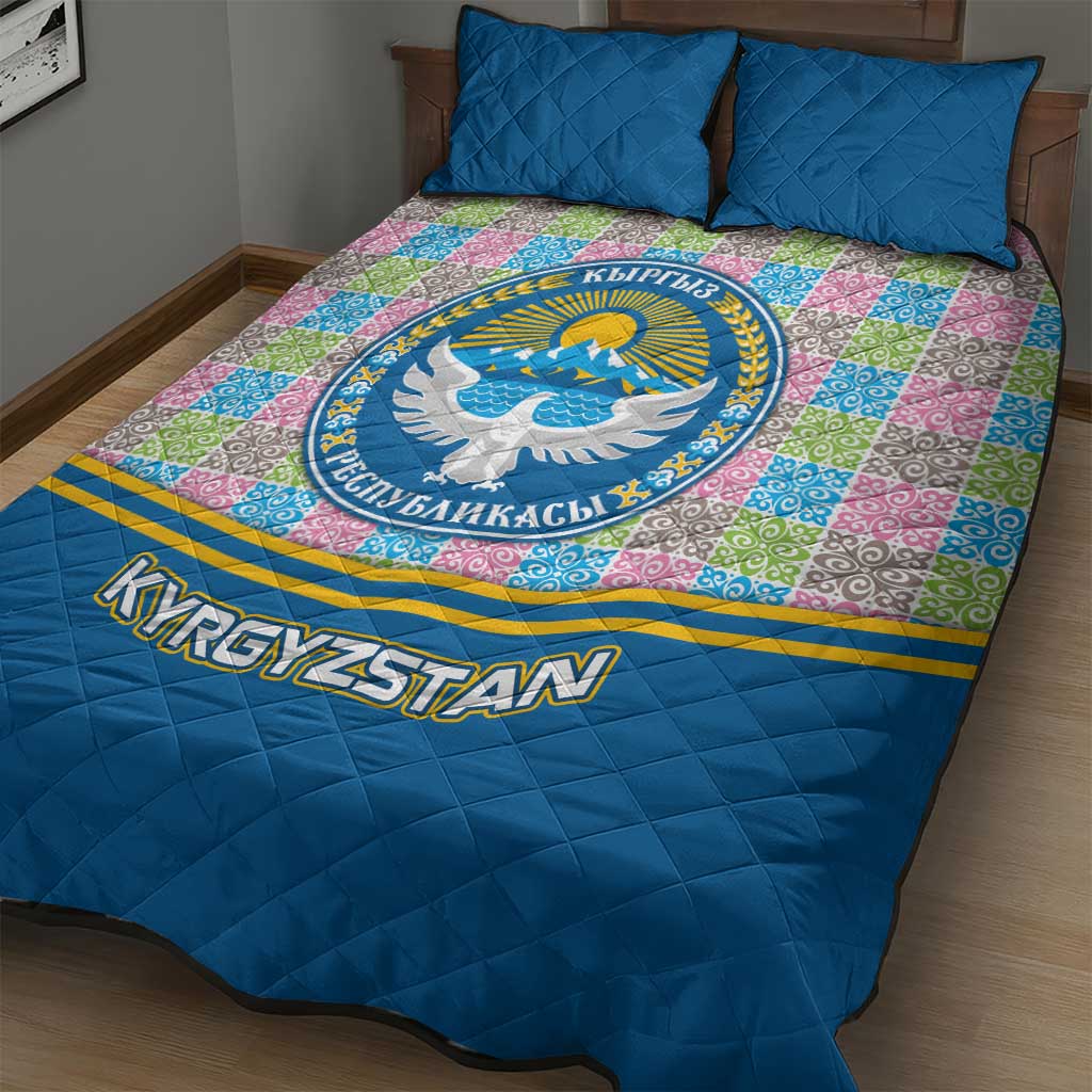 Kyrgyzstan Colorful Patchwork Pattern Quilt Bed Set with National Crest and Flag Accents