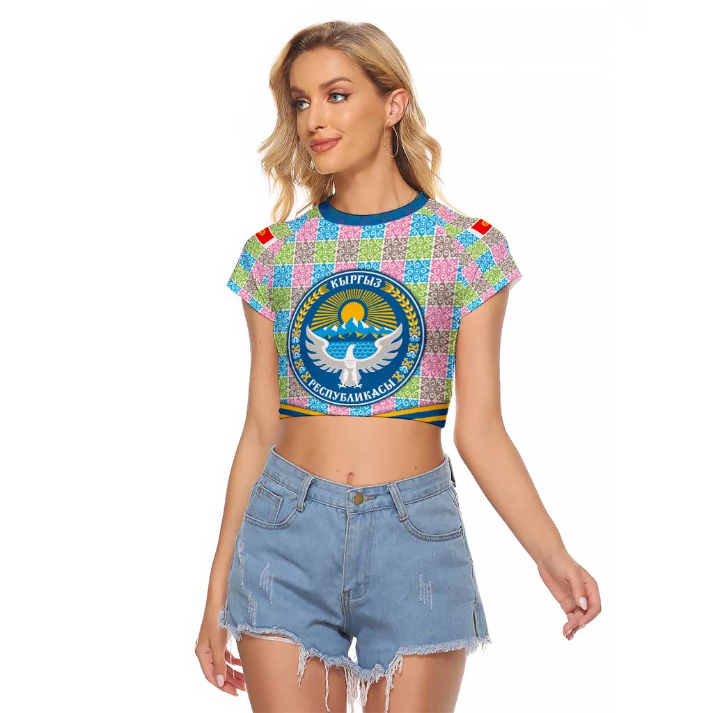 Kyrgyzstan Colorful Patchwork Pattern Raglan Cropped T Shirt with National Crest and Flag Accents