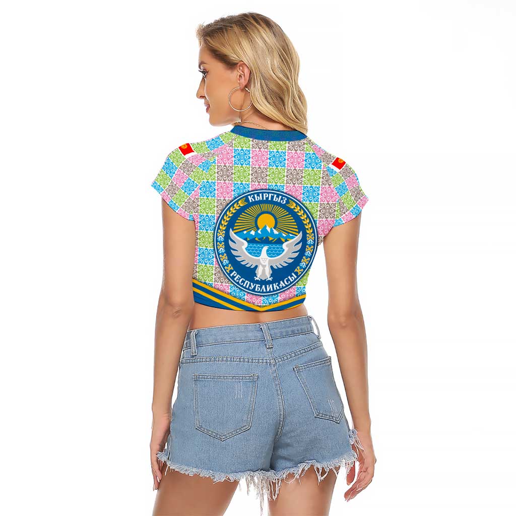Kyrgyzstan Colorful Patchwork Pattern Raglan Cropped T Shirt with National Crest and Flag Accents