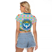 Kyrgyzstan Colorful Patchwork Pattern Raglan Cropped T Shirt with National Crest and Flag Accents