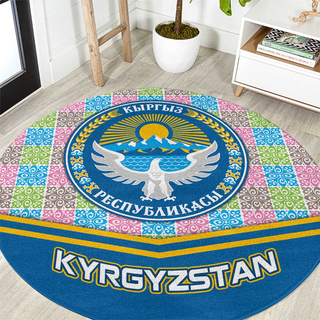 Kyrgyzstan Colorful Patchwork Pattern Round Carpet with National Crest and Flag Accents