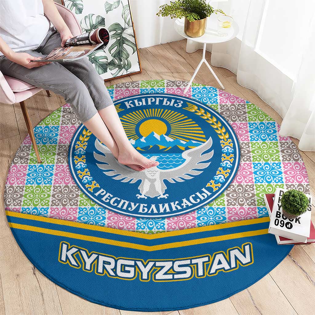 Kyrgyzstan Colorful Patchwork Pattern Round Carpet with National Crest and Flag Accents