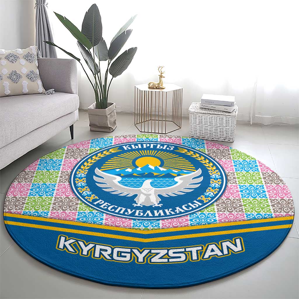 Kyrgyzstan Colorful Patchwork Pattern Round Carpet with National Crest and Flag Accents