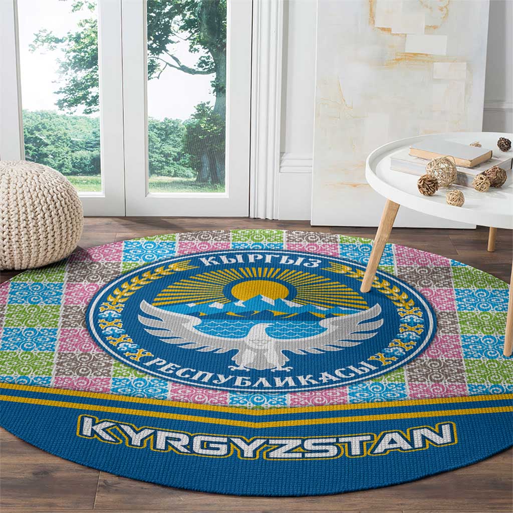 Kyrgyzstan Colorful Patchwork Pattern Round Carpet with National Crest and Flag Accents