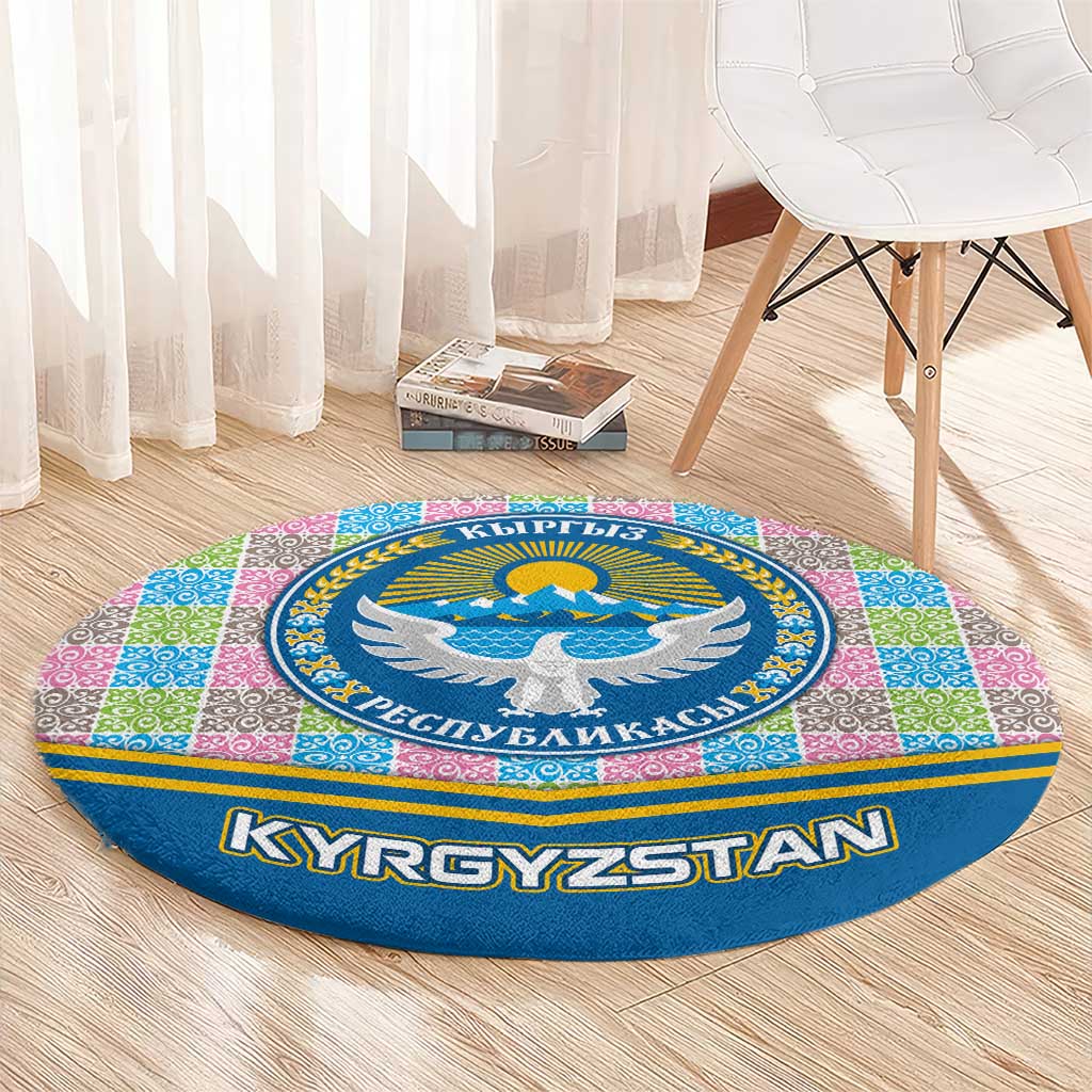 Kyrgyzstan Colorful Patchwork Pattern Round Carpet with National Crest and Flag Accents