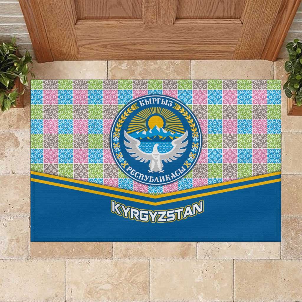 Kyrgyzstan Colorful Patchwork Pattern Rubber Doormat with National Crest and Flag Accents