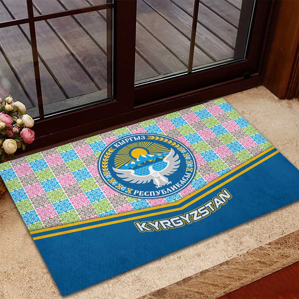 Kyrgyzstan Colorful Patchwork Pattern Rubber Doormat with National Crest and Flag Accents