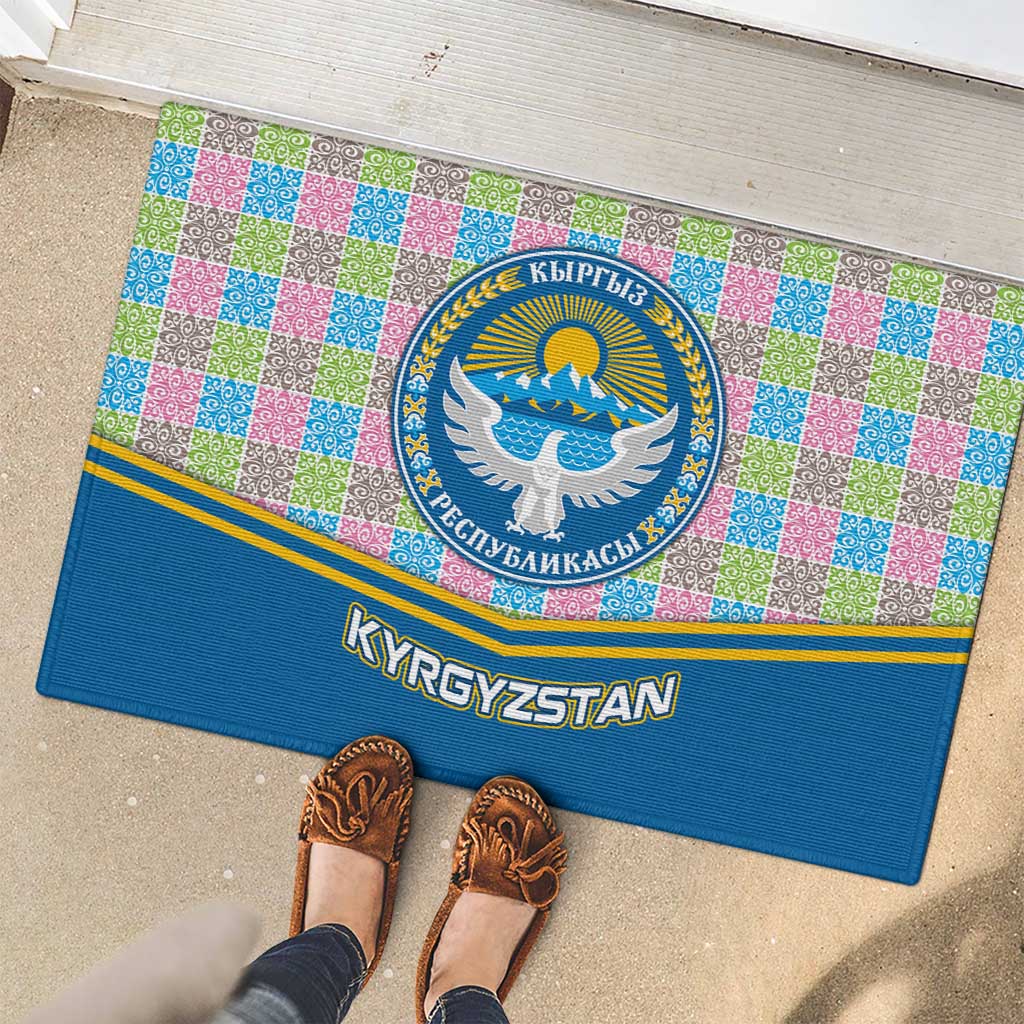 Kyrgyzstan Colorful Patchwork Pattern Rubber Doormat with National Crest and Flag Accents