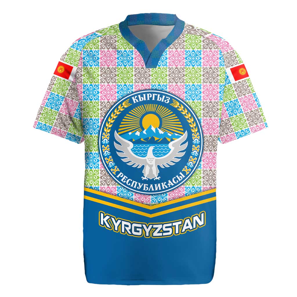 Kyrgyzstan Colorful Patchwork Pattern Rugby Jersey with National Crest and Flag Accents