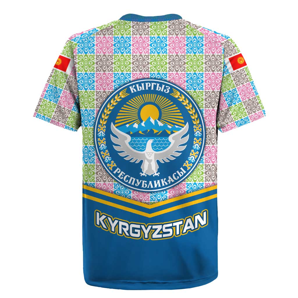 Kyrgyzstan Colorful Patchwork Pattern Rugby Jersey with National Crest and Flag Accents