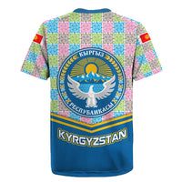 Kyrgyzstan Colorful Patchwork Pattern Rugby Jersey with National Crest and Flag Accents