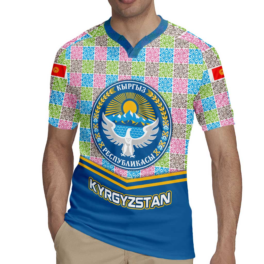 Kyrgyzstan Colorful Patchwork Pattern Rugby Jersey with National Crest and Flag Accents
