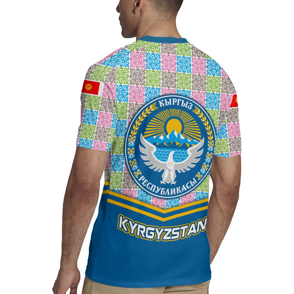 Kyrgyzstan Colorful Patchwork Pattern Rugby Jersey with National Crest and Flag Accents