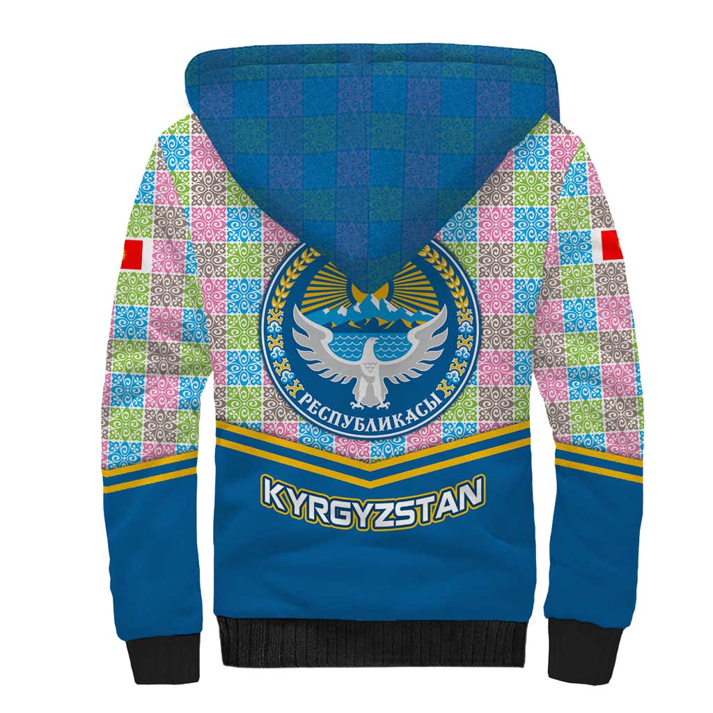 Kyrgyzstan Colorful Patchwork Pattern Sherpa Hoodie with National Crest and Flag Accents