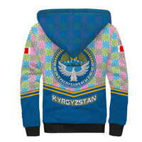 Kyrgyzstan Colorful Patchwork Pattern Sherpa Hoodie with National Crest and Flag Accents