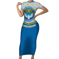 Kyrgyzstan Colorful Patchwork Pattern Short Sleeve Bodycon Dress with National Crest and Flag Accents