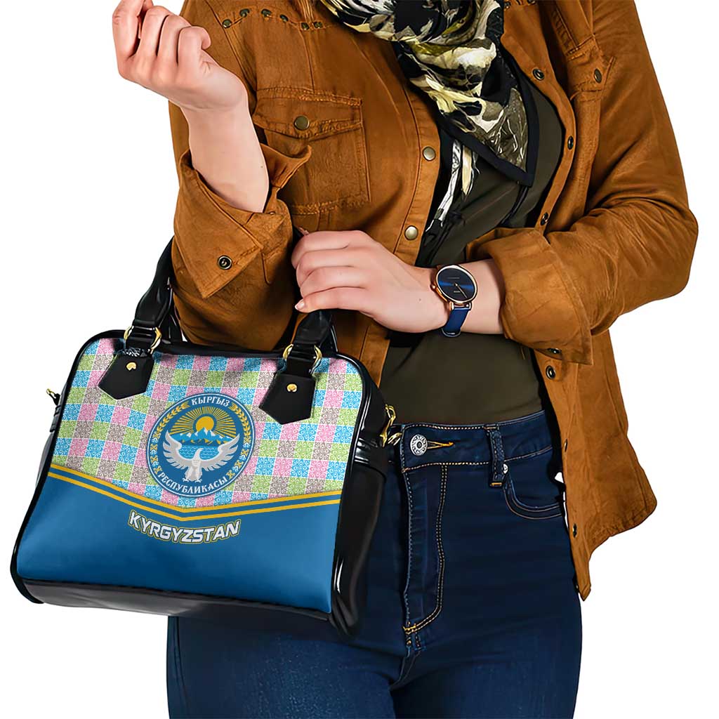 Kyrgyzstan Colorful Patchwork Pattern Shoulder Handbag with National Crest and Flag Accents