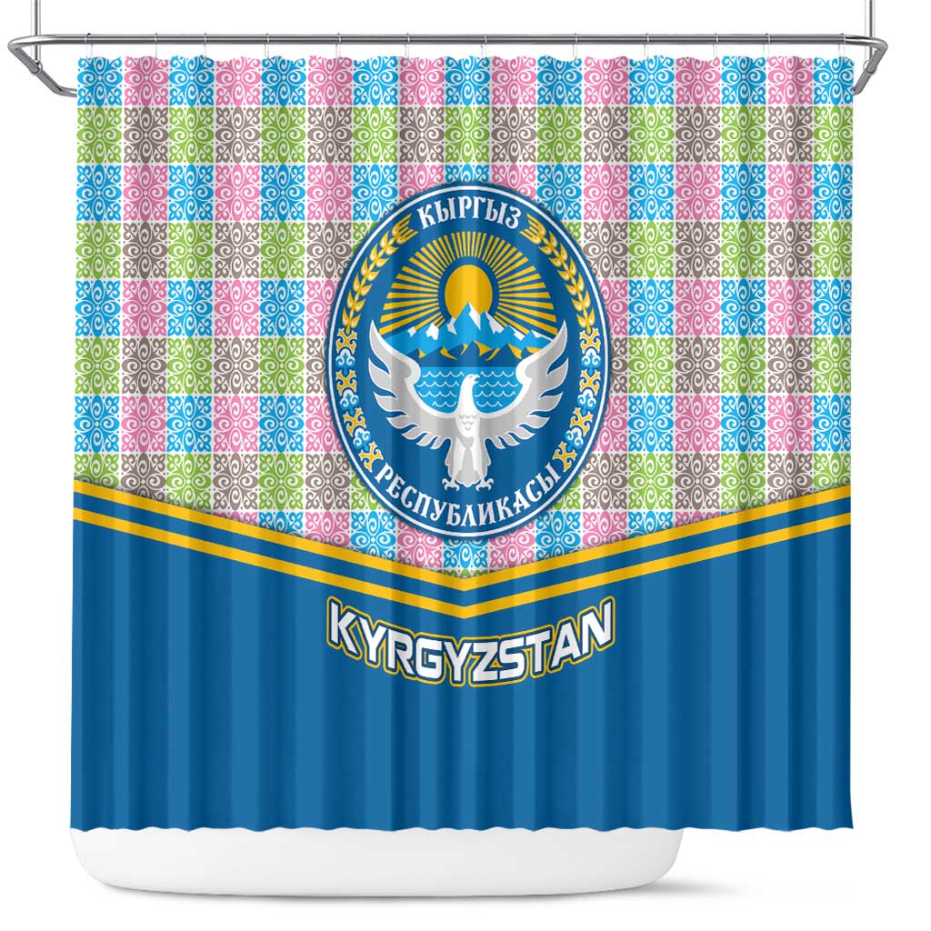 Kyrgyzstan Colorful Patchwork Pattern Shower Curtain with National Crest and Flag Accents