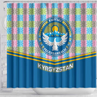 Kyrgyzstan Colorful Patchwork Pattern Shower Curtain with National Crest and Flag Accents