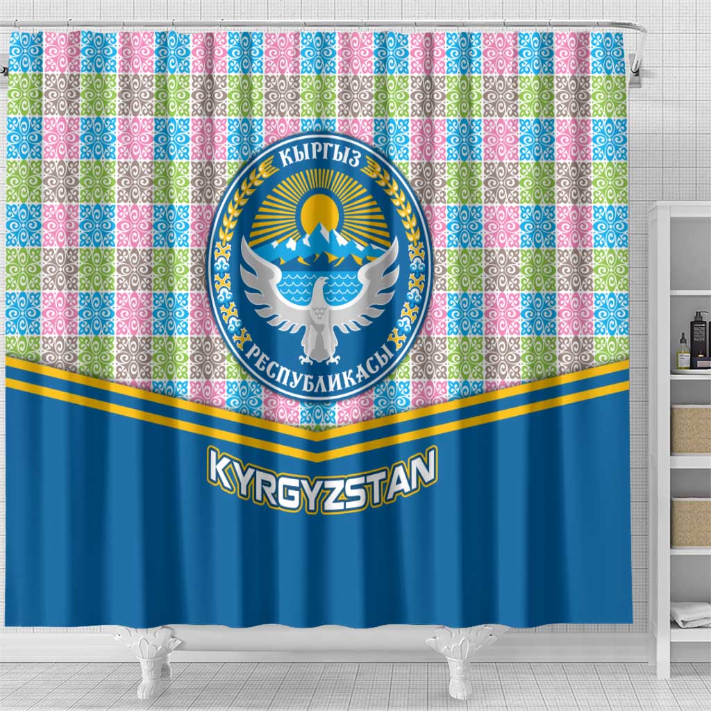 Kyrgyzstan Colorful Patchwork Pattern Shower Curtain with National Crest and Flag Accents
