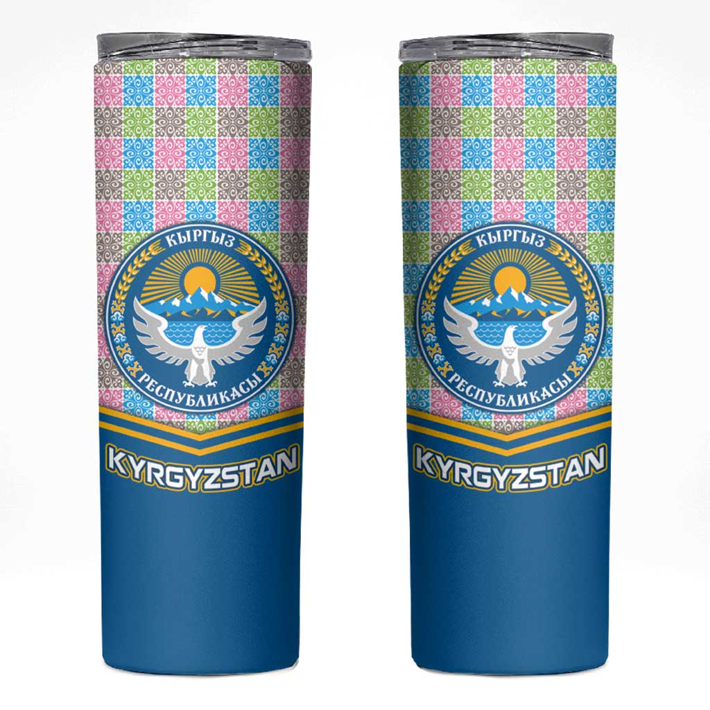 Kyrgyzstan Colorful Patchwork Pattern Skinny Tumbler with National Crest and Flag Accents