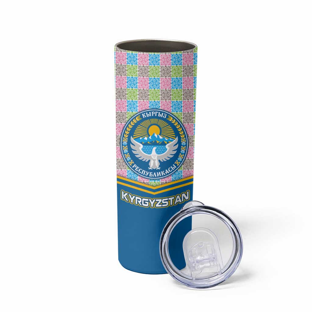 Kyrgyzstan Colorful Patchwork Pattern Skinny Tumbler with National Crest and Flag Accents