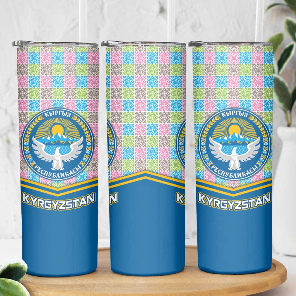 Kyrgyzstan Colorful Patchwork Pattern Skinny Tumbler with National Crest and Flag Accents