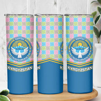 Kyrgyzstan Colorful Patchwork Pattern Skinny Tumbler with National Crest and Flag Accents