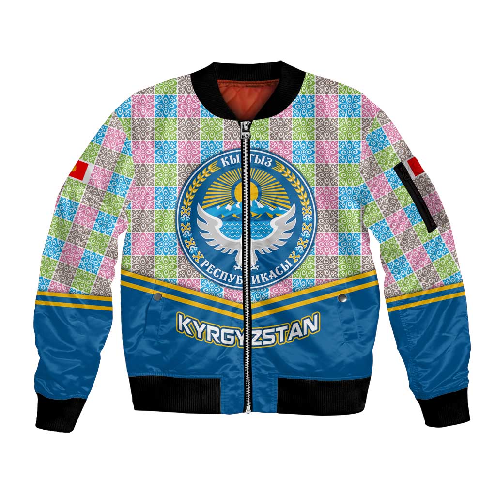 Kyrgyzstan Colorful Patchwork Pattern Sleeve Zip Bomber Jacket with National Crest and Flag Accents